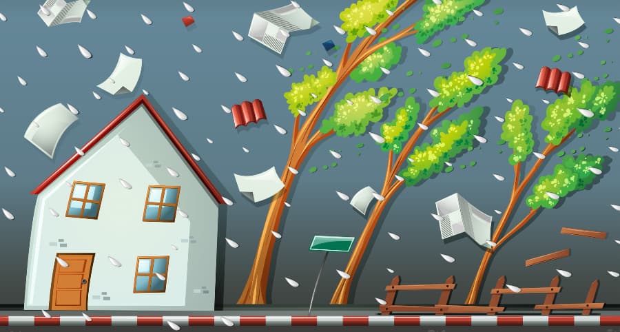 Illustration of a storm striking a home and surrounding environment
